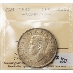 SOLD Canada 1940 50 Cents Half Dollar Silver Coin - ICCS MS-63