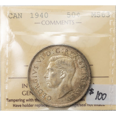 SOLD Canada 1940 50 Cents Half Dollar Silver Coin - ICCS MS-63