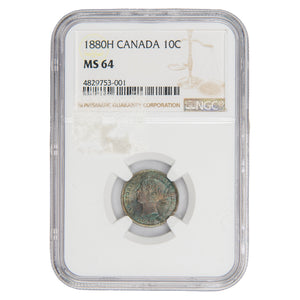 Canada 1880-H Obverse #1 10 Cents Dime Silver Coin - NGC MS-64