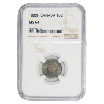 Encapsulated 1880-H Canada 10 Cents silver dime coin (Obverse #1 variety, Heaton Mint) graded MS-64 by NGC with certification label 4829753-001, featuring Queen Victoria laureate portrait and reverse maple wreath with crown.