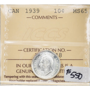 SOLD Canada 1939 10 Cents Dime Silver Coin - ICCS MS-65