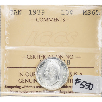SOLD Canada 1939 10 Cents Dime Silver Coin - ICCS MS-65