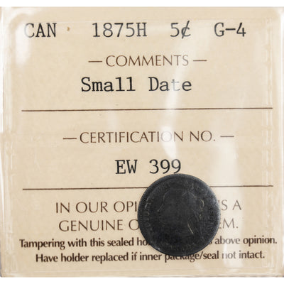 Canada 1875-H Small Date 5 Cents Silver Coin - ICCS G-4