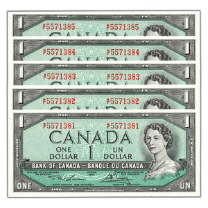 SOLD $1 1954 Bank of Canada Notes W/F Prefix BC-37d - 5 Consecutive Choice Uncirculated