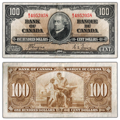 SOLD $100 1937 Bank of Canada Note Coyne-Towers B/J Prefix BC-27c - VF/EF (small tear)