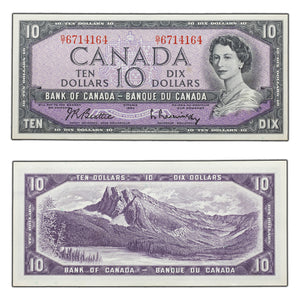 SOLD $10 1954 Bank of Canada Note Beattie-Rasminsky G/T Prefix Bc-40b - AU/UNC