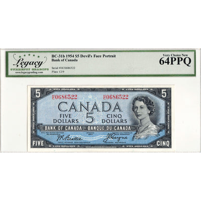$5 1954 Bank of Canada Note Devil Face H/C Prefix BC-31b - Legacy Ch UNC-64 PPQ