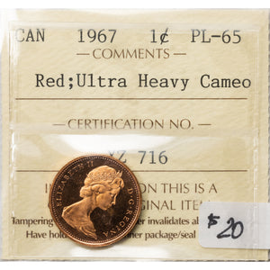 SOLD Canada 1967 1 Small Cent Coin - ICCS PL-65 Red UHC
