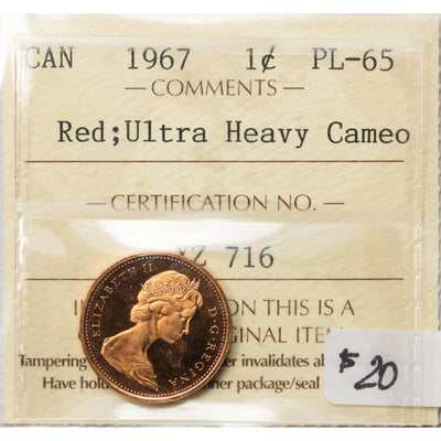 SOLD Canada 1967 1 Small Cent Coin - ICCS PL-65 Red UHC