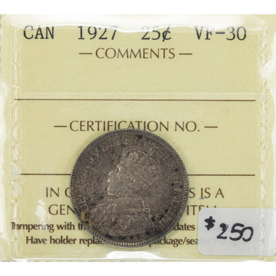 SOLD Canada 1927 25 Cents Quarter Silver Coin - ICCS VF-30