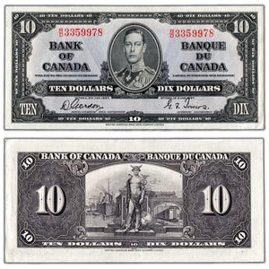 SOLD $10 1937 Bank of Canada Note Gordon-Towers R/D Prefix BC-24b - AU
