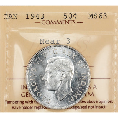 Canada 1943 Near 3 50 Cents Half Dollar Silver Coin - ICCS MS-63