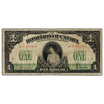 SOLD $1 1917 Dominion of Canada Note No Seal Series A DC-23b-i