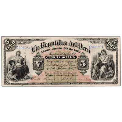 Peru 1879 5 Five Soles Note P #4 - VF+
