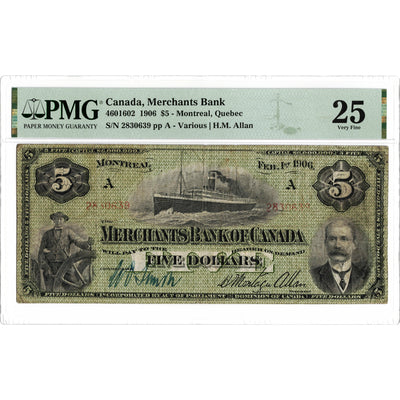 SOLD $5 1906 Merchants Bank of Canada Chartered Note #460-16-02 - PMG VF-25