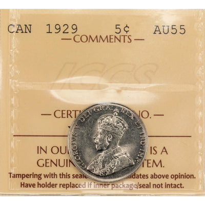 Canada 1929 5 Cents Nickel Coin Key Date! - ICCS AU-55