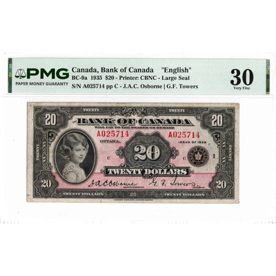 SOLD $20 1935 Bank of Canada Note English Text Large Seal BC-9a - PMG VF-30