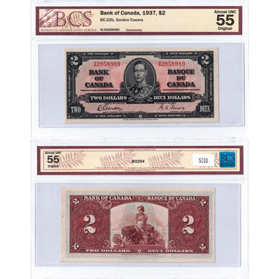 SOLD $2 1937 Bank of Canada Note Gordon-Towers M/B Prefix BC-22b - BCS AU-55