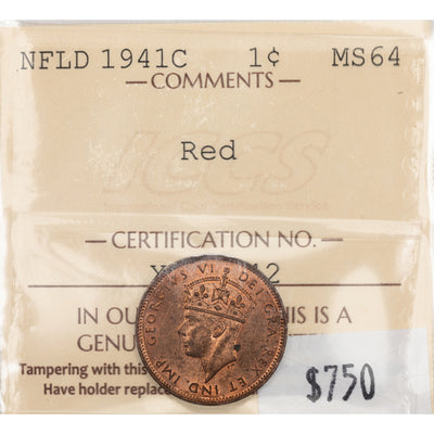 Newfoundland 1941-c 1 Small Cent Coin - ICCS MS-64 Red