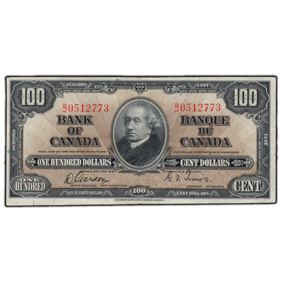 SOLD $100 1937 Bank of Canada Note Gordon-Towers B/J Prefix BC-27b - VF/EF