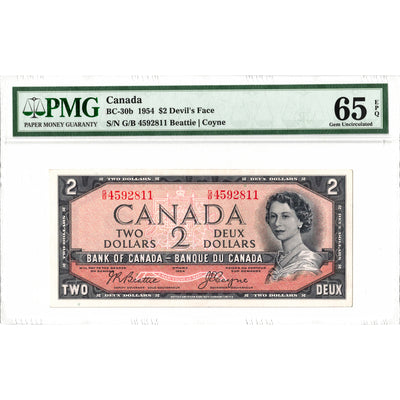 $2 1954 Bank of Canada Note Devil Face G/B Prefix BC-30b - PMG Gem UNC-65 EPQ