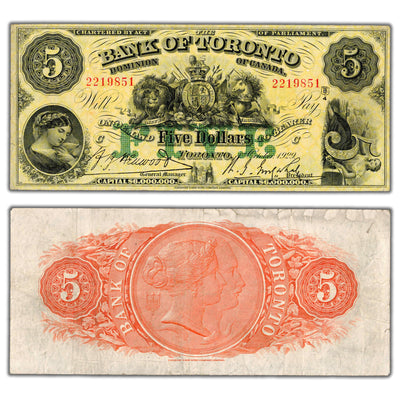 SOLD $5 1929 Bank of Toronto Canada Chartered Note #715-22-22 - F/VF
