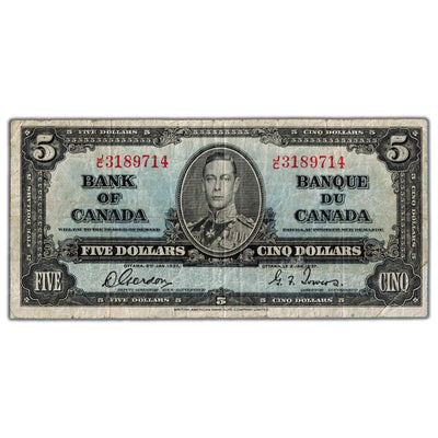 $5 1937 Bank of Canada Note Gordon-Towers J/C Prefix BC-23b - Fine