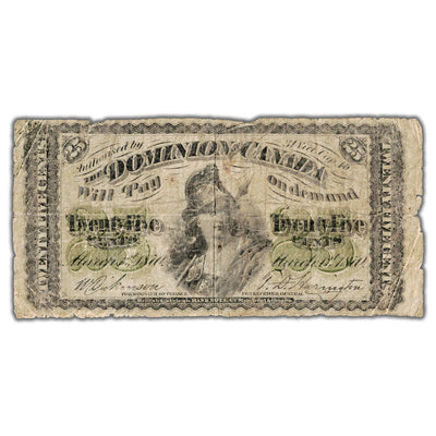 25 Cents 1870 Dominion of Canada Shinplaster Note Plain DC-1c - G/VG