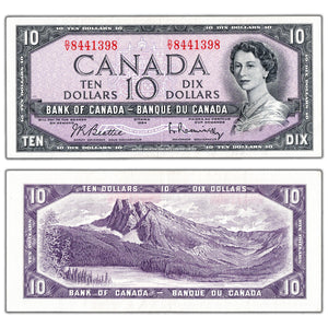 SOLD $10 1954 Bank of Canada Note Beattie-Rasminsky D/V Prefix BC-40b - EF (cleaned)