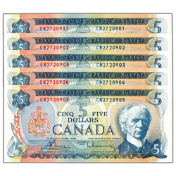 SOLD $5 1972 Bank of Canada Notes CN Prefix BC-48a - 5 Consecutive Ch UNC