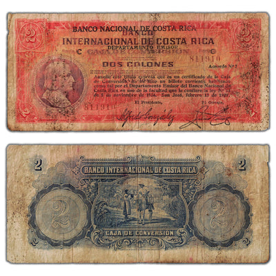SOLD Costa Rica 1939 2 Two Colones Note P #196 - Writing