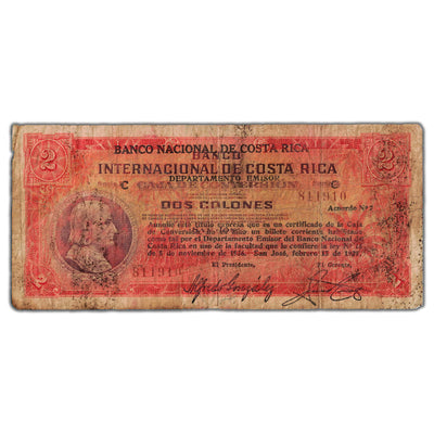 SOLD Costa Rica 1939 2 Two Colones Note P #196 - Writing