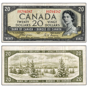 SOLD $20 1954 Bank of Canada Note Devil Face B/E Prefix BC-33a - VF