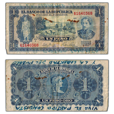 Colombia 1953 1 One Peso Oro Note - Political Message