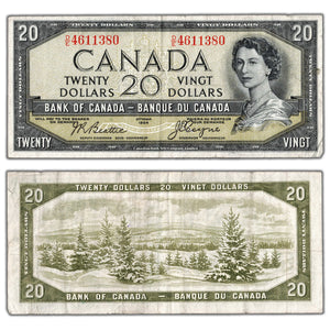 SOLD $20 1954 Bank of Canada Note Devil Face D/E Prefix BC-33b - F/VF