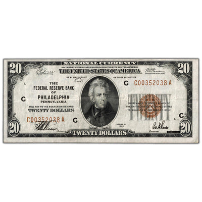 SOLD United States 1929 $20 Philadelphia, PA National Currency Note - VF/EF