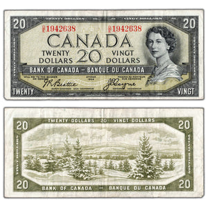 SOLD $20 1954 Bank of Canada Note Devil Face D/E Prefix BC-33b - VF