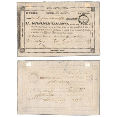 SOLD Argentina Confederacion 1857 50 Pesos Note - Previously Mounted