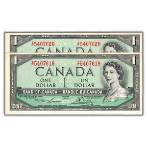 SOLD $1 1954 Bank of Canada Notes Z/F Prefix BC-37d - 2 Consecutive - AU-58