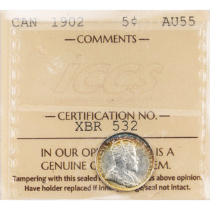 SOLD Canada 1902 5 Cents Silver Coin - ICCS AU-55