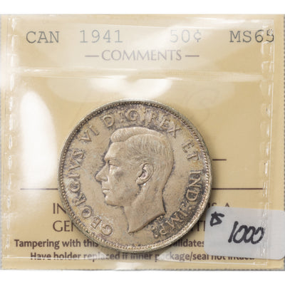 SOLD Canada 1941 50 Cents Half Dollar Silver Coin - ICCS MS-65