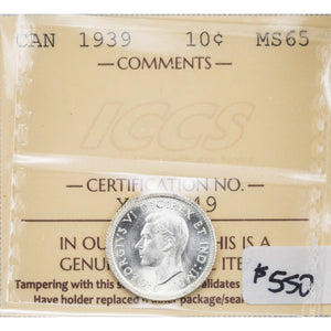 SOLD Canada 1939 10 Cents Dime Silver Coin - ICCS MS-65