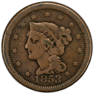 SOLD United States 1853 1 Cent Braided Hair Penny Coin