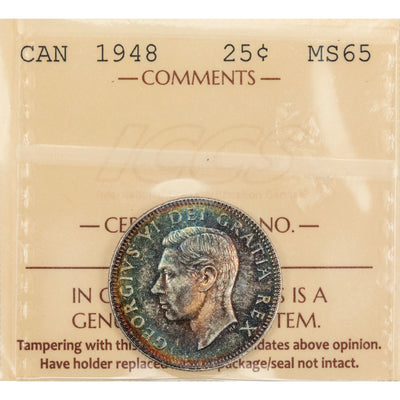 SOLD Canada 1948 25 Cents Quarter Silver Coin - ICCS MS-65 - Colourful Toning!