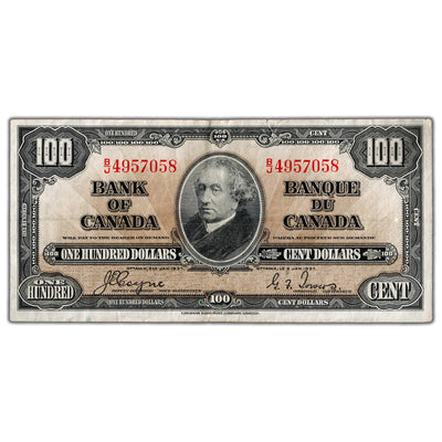 SOLD $100 1937 Bank of Canada Note Coyne-Towers B/J Prefix BC-27c - VF/EF (small tear)