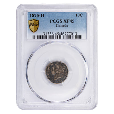 Canada 1875-H 10 Cents Dime Silver Coin - PCGS XF-45