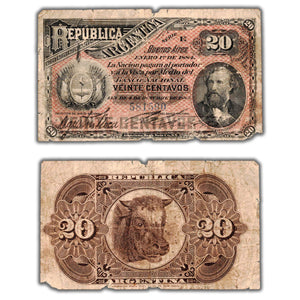 SOLD Argentina 1884 20 Twenty Centavos Note P #7a - Pieces Missing
