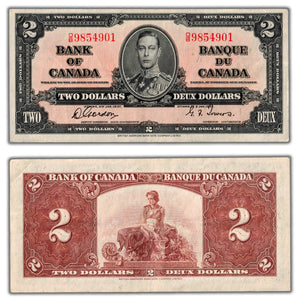 SOLD $2 1937 Bank of Canada Note Gordon-Towers O/B Prefix BC-22b - VF/EF
