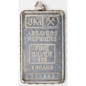 SOLD Johnson Matthey JM 5 Gram .999 Silver Bar - In Bezel