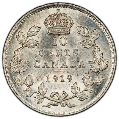 Canada 1919 10 Cents Dime Silver Coin - AU-55